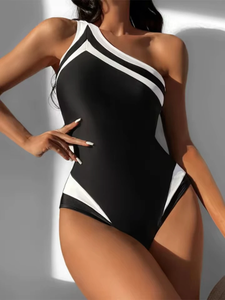 Vzvn Sexy One Shoulder Contrast Color One Piece Swimsuit Women Beach Vacation Bikini 2026 New All Season Slim One Piece Swimsuit