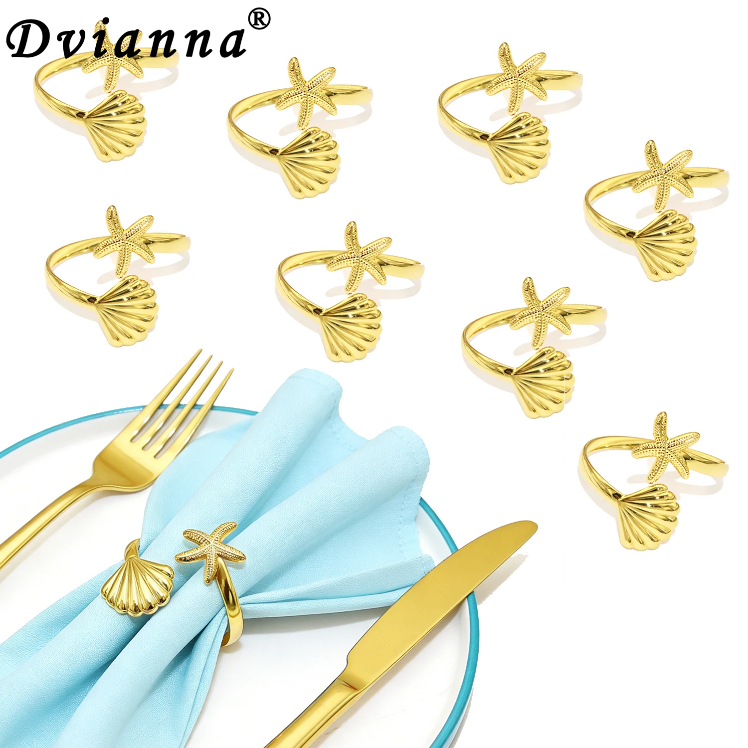 8/10Pcs Dvianna Starfish & Shell Napkin Rings, Gold Metal Napkin Holders for Beach Nautical Table Decor