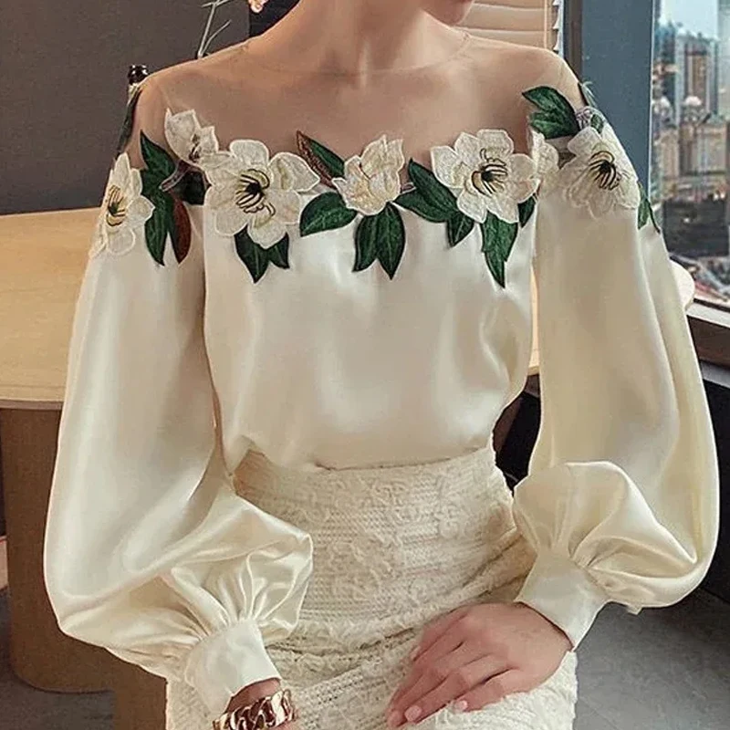 Elegant Mesh Patchwork Satin Blouse Spring Autumn Long Lantern Sleeve Women Clothes O-neck Tops Vintage Embroidered Shirt 24976