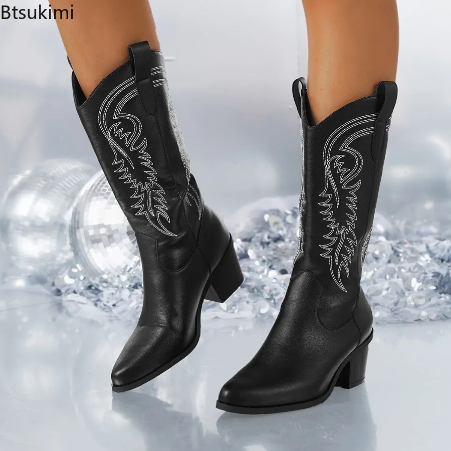 

New2025 Women's Spring Autumn Classic Vintage White Black Cowboy Boots Embroidery Shoes Square Heels Concert Western Boot Female