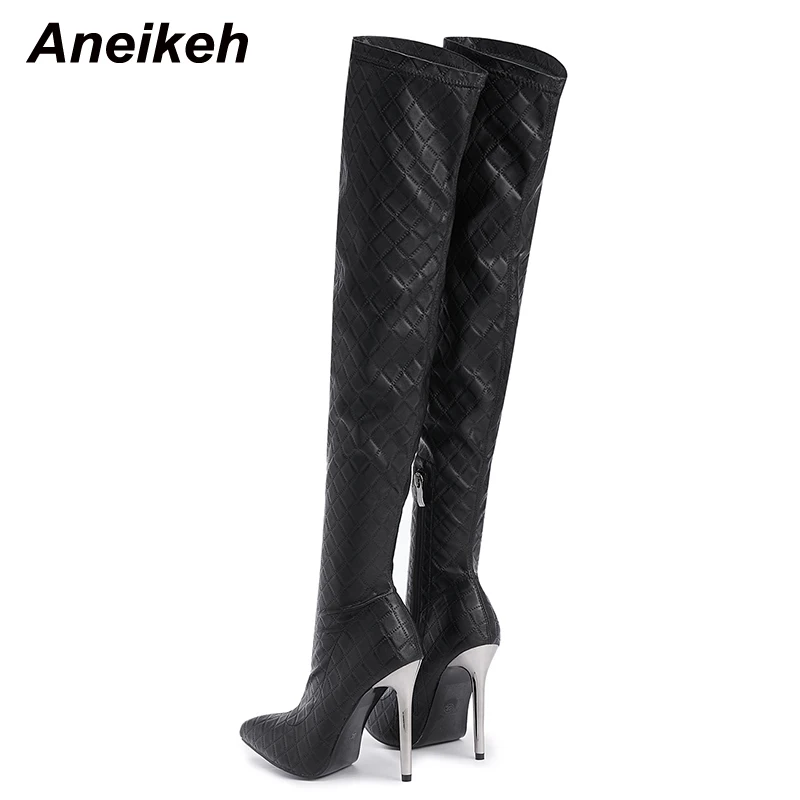 Aneikeh 2024 Women\'s Heel Fashion Solid Boots PU Plaid Sewing Knee Over Chelsea Boots Sexy Slim High Heel Side Zipper 35-42