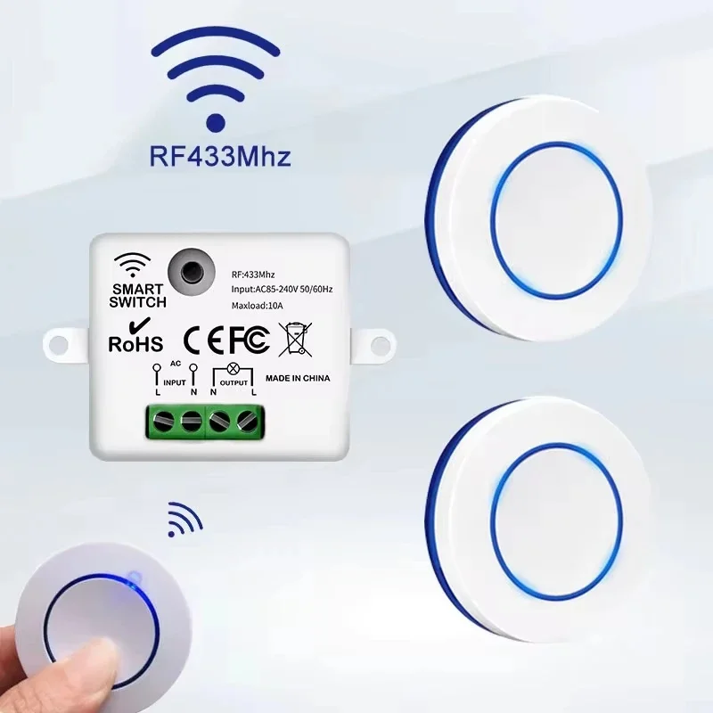 RF433MHz Wireless 10A Relay Receiver Remote Control Light Switch AC220V 110V Mini Round Button Wall Panel Switch For LED Lamp