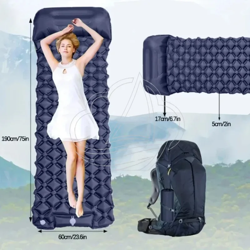 Outdoor Camping Inflatable Mattress with Pillow Ultralight Sleeping Pad Built-in Pump for Hiking