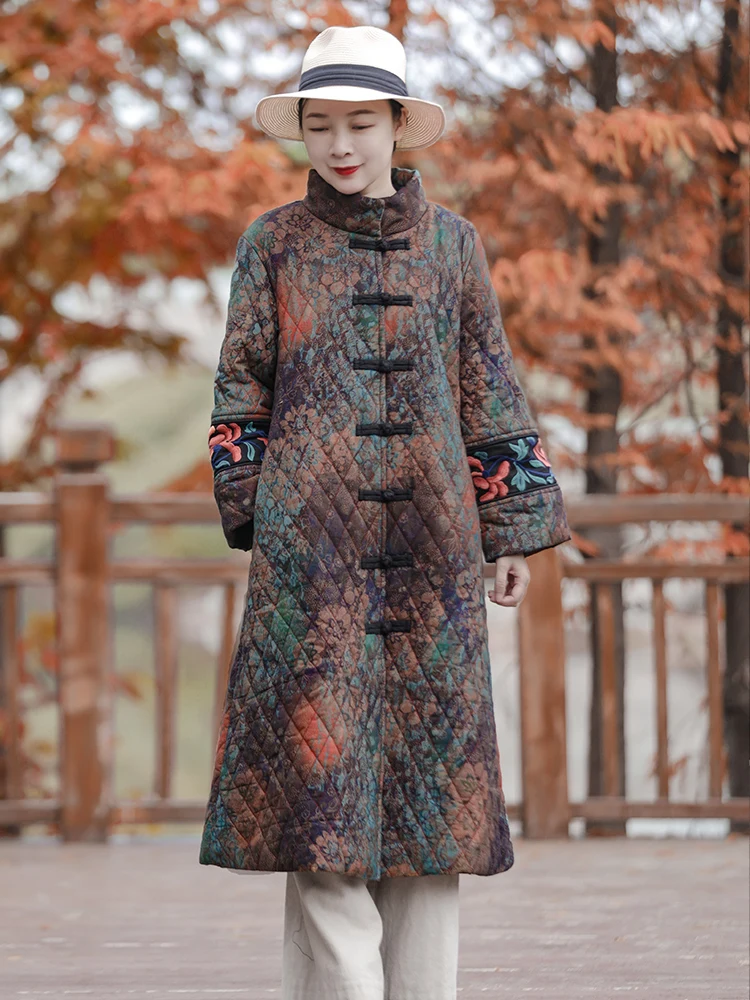 

Retro Ethnic Style Thickened Cotton Linen Long Jacket Women's Warm Winter New Loose Slimming Cotton Coat Stand Collar Button up