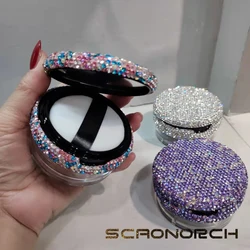 Sparkling Diamond Loose Powder Container Portable Flip Cap Air Cushion Puff Box With Elastic Screen Mesh Travel Makeup Jar