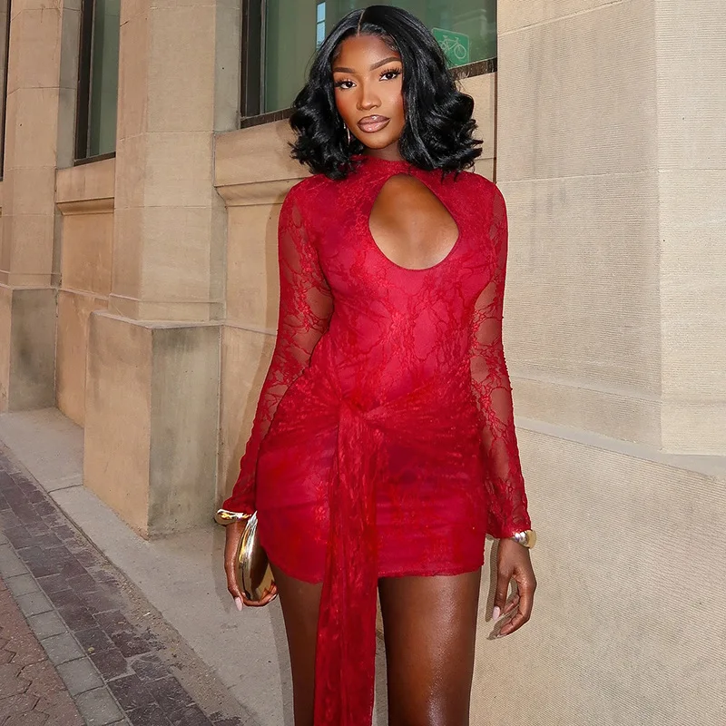 

SKMY Red Dress Women's Fall New Arrival Solid Color Hollow Out Bandage Sexy Lace Long Sleeve Ribbon Short Dresses Party Wear