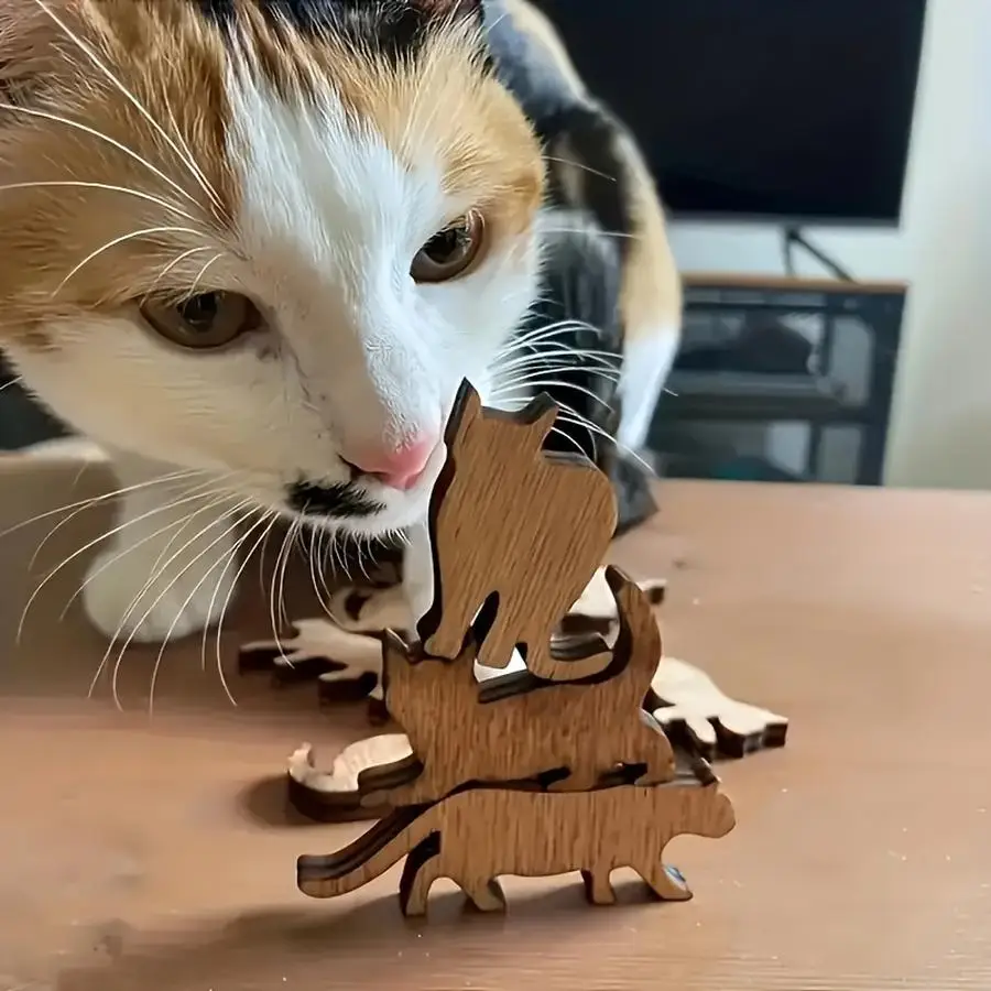 1/5/10/20/50/100pcs Set of 3D wooden cat figurines for the table, featuring 12 assorted, stackable pieces—perfect for DIY crafts