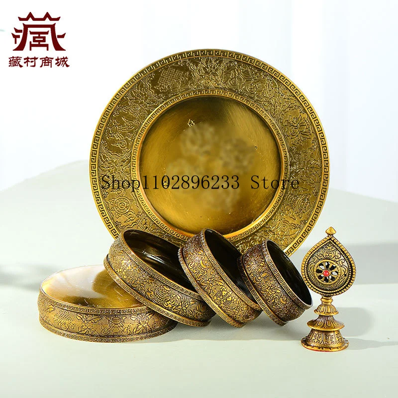 Hand-carved copper mandala tray, a seven-precious-jewel mandala for Buddhist altars, suitable for indoor study rooms and as a de