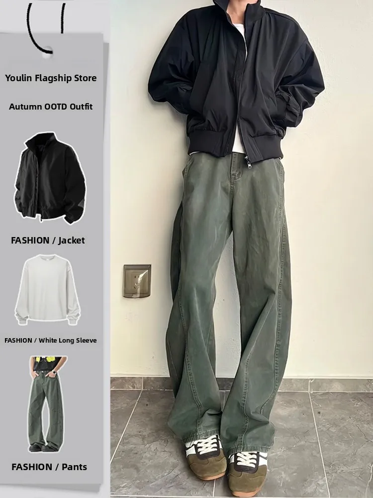 

Military een American Sle Bent Knife Workwear Pants Men's Autumn Loose Flared Jeans Two-Piece Set Youth Casual Sportswear