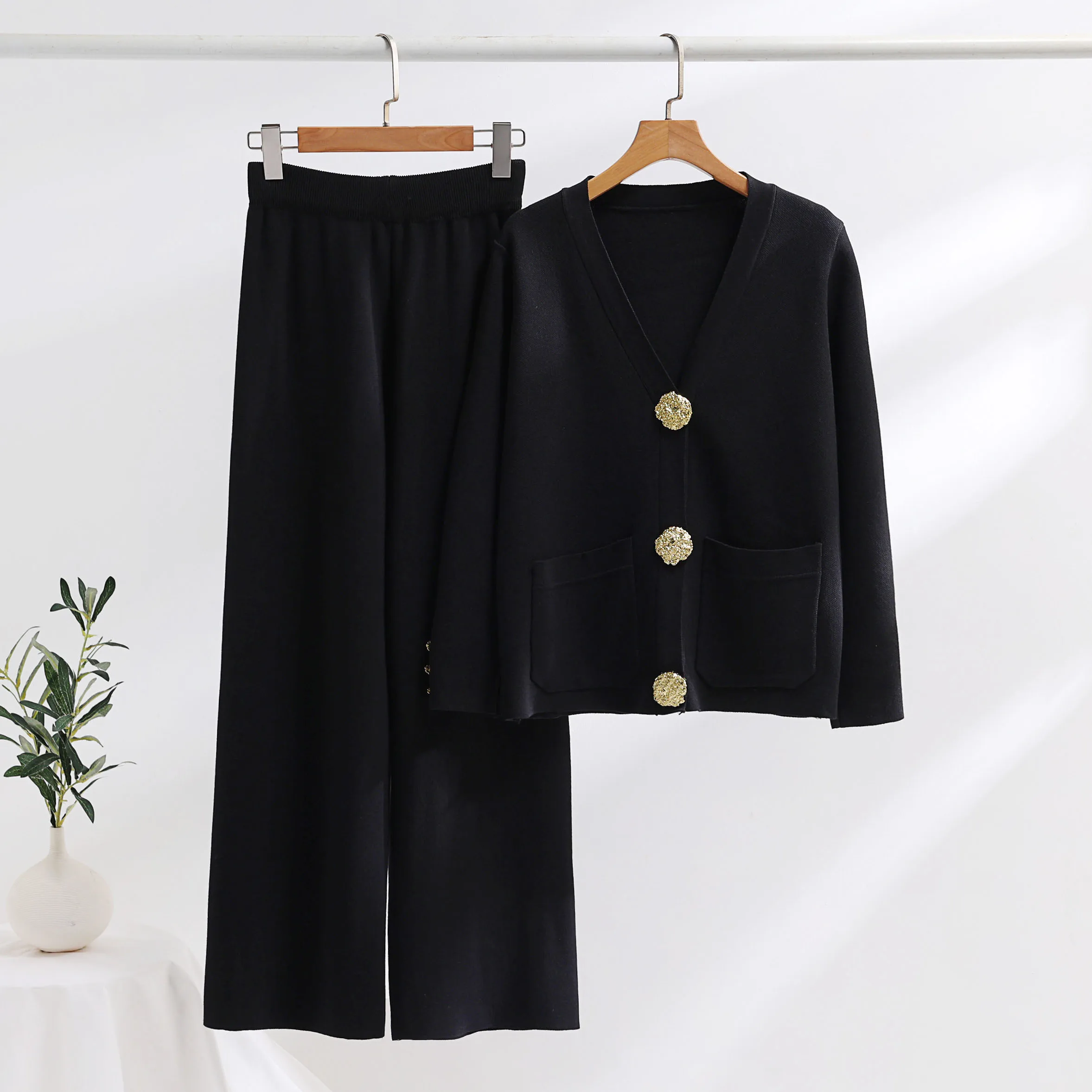 Women Design Cuff Color Contrast Big Gold Button Celebrity Single Breasted Sweater+Loose Wide Leg Trousers Women Two-piece Set