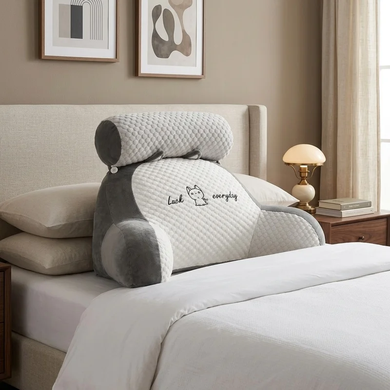 1pc Adjustable Reading Backrest Pillow Ergonomic Lumbar Support Cushion for Bed Sofa Floor Gray Quilted Breathable Design