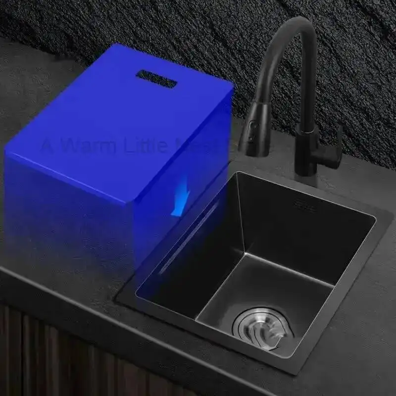 

Nano Stainless Steel Kitchen 304 Sink Black Small Single-slot Washbasin Dishwashing Island Counter Washing Sink with Cover Plate