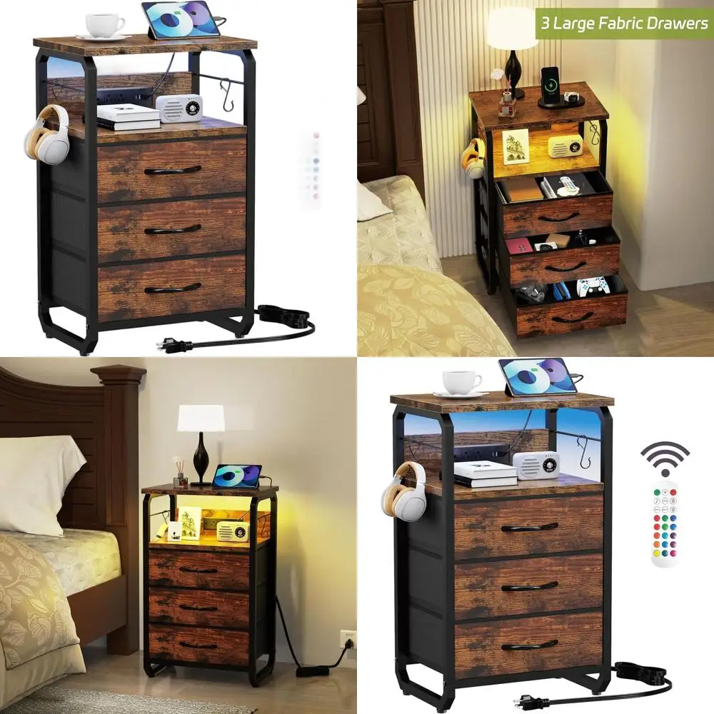 

Rustic Brown 3-Drawer Fabric Nightstand with Charging Station and Hooks