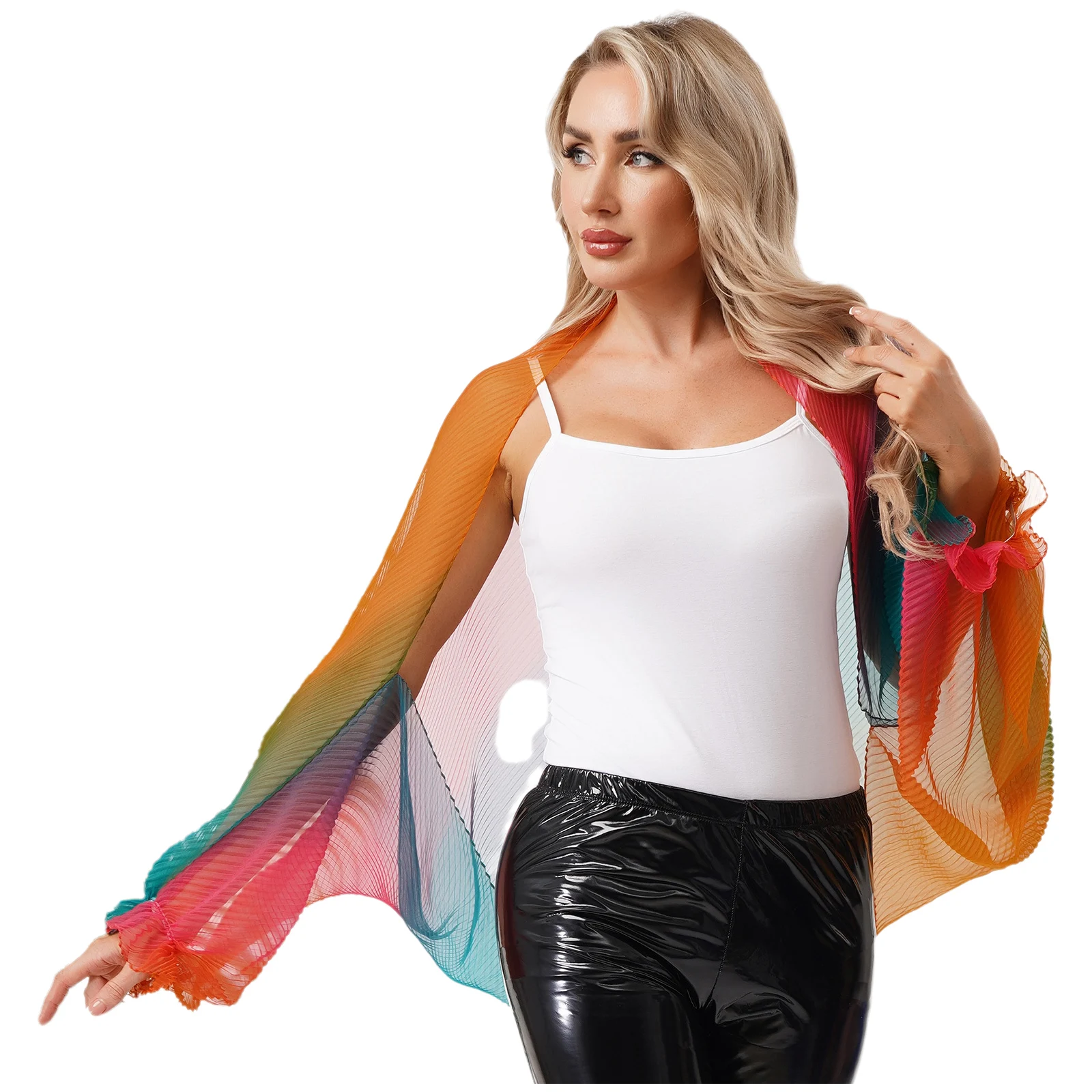 Womens Gradient Rainbow Color Shrug Shawls Ruffled Long Sleeve Open Front Pleated Cardigan Bolero Sun Protection Cover Up Scarf