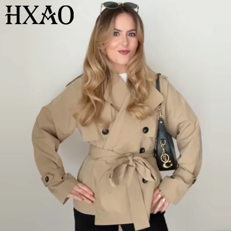 

HXAO укороченный плащ цвета хаки, женская куртка, осень 2021, куртка с длинными рукавами и пуговицами, воротник-стойка, пояс, верхняя одежда, модная ветровка
