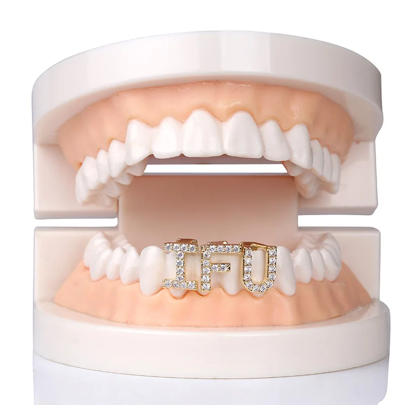 Custom Capital Letters Zircon Bling Iced Out Grillz Teeth Men Women Single Hip Hop Tooth Grills Caps Fashion Jewelry