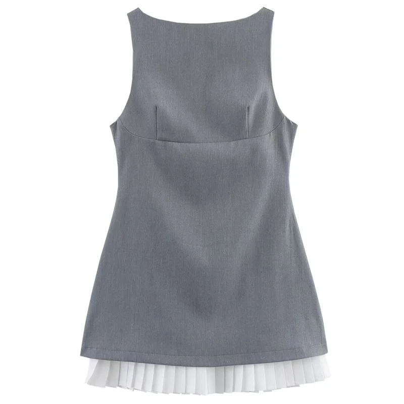 TRAF Abito patchwork plissettato da donna Estate 2025 Donna Mini Abiti senza maniche grigi Moda O-Collo Abito corto in popeline a contrasto