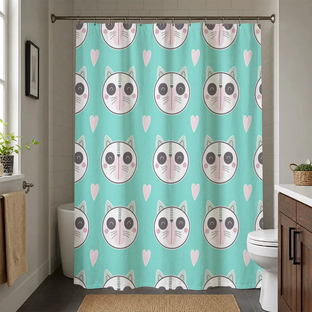 Cute Cat Face Pattern Shower Curtain Waterproof Bathroom Decor Home Textiles Kids Novelty Animal Print Shower Curtain