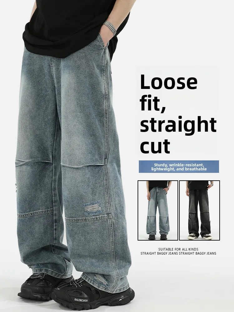 

Модные мужские свободные джинсы прямого кроя из хлопковой смеси с эффектом потертости, винтажные, в американском уличном стиле, с нашивками, в стиле рабочей одежды, в пол