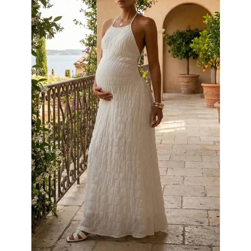 Maternity Women's White Halter Backless Textured Maxi Dress, Elegant Gown for Baby Shower, Beach Vacation