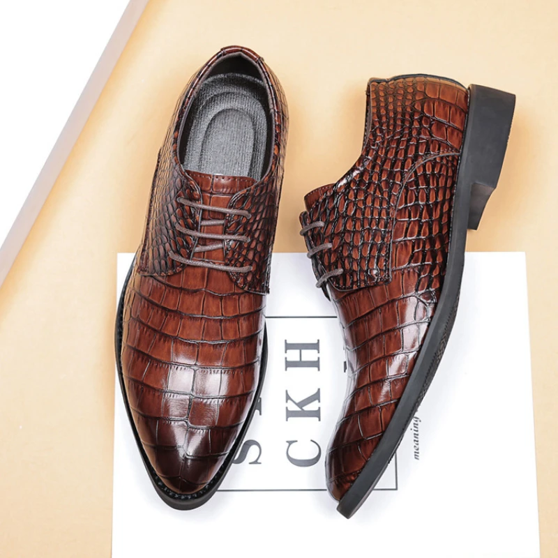 

Мужские модельные туфли из крокодиловой кожи, размер 38-48, роскошные мужские туфли с острым носком, повседневная деловая официальная обувь, мужские черные, коричневые