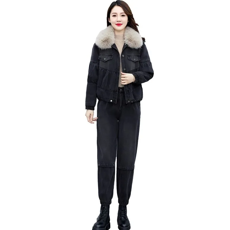 2023 Winter New Casual Loose Denim Suit Women Vintage Fleece Thick Corkage Pants Two-piece Jean Jacket with Fur Collar