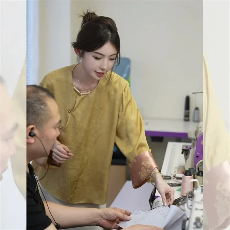 2025 neue Sommer Langarm Gelb Bluse Frauen Casual Lose Oansatz Luxus Shirt Frauen High-end-Jacquard Tops Weibliche