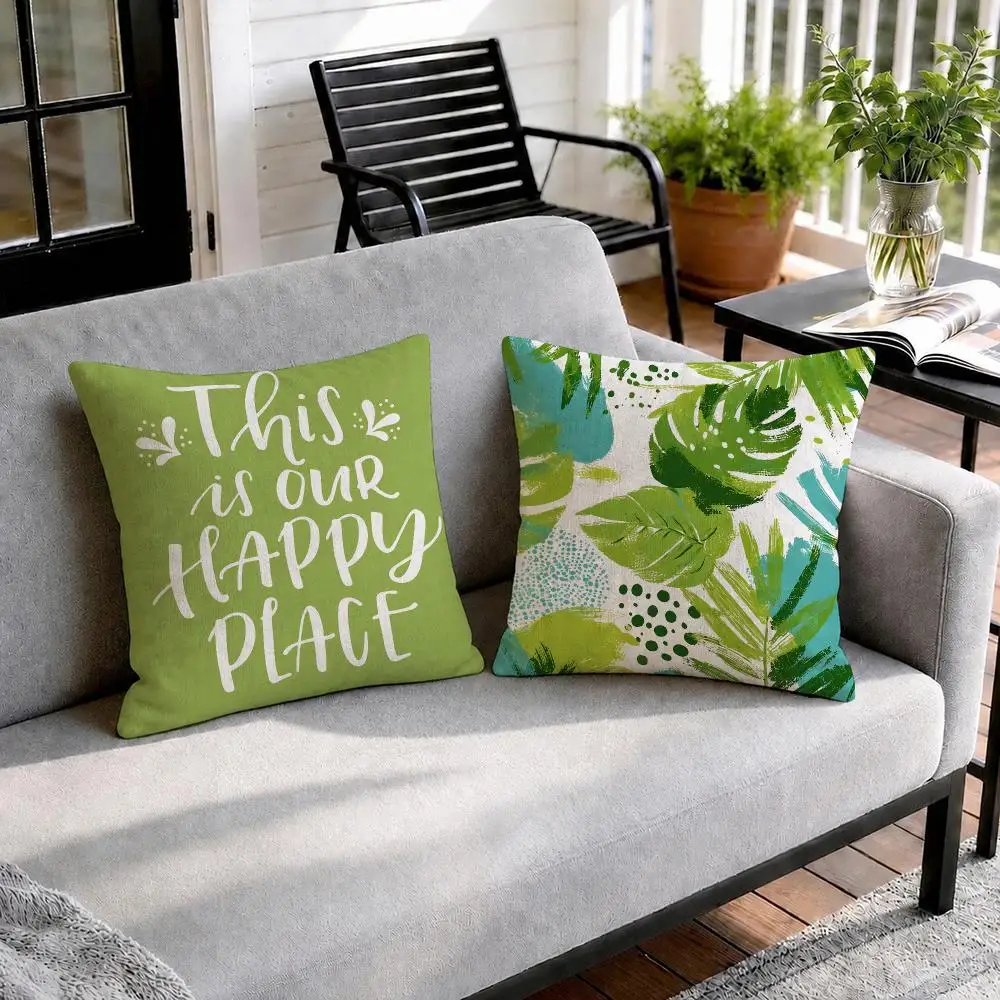 Lime Green Tropical Leaf Cushion Cover Natural Linen Organic Fabric Double-Sided Printing Sofa Home Decor Gift Pillow Cover