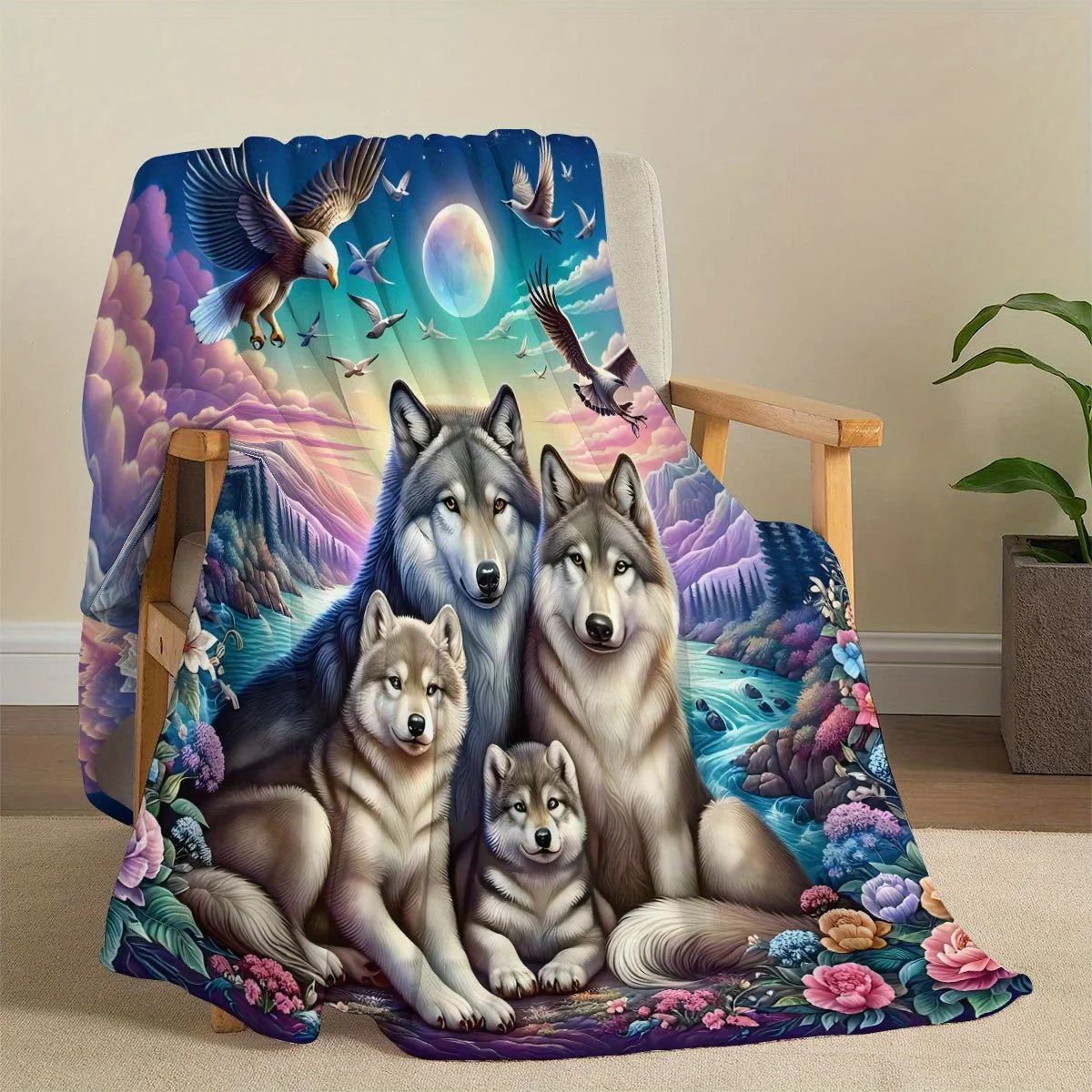 Wolf Family Blanket Moon Night Sky Print Soft Flannel Fleece Throw Quilt Bedding Sofa Cover Warm Plush Blankets Home Decor