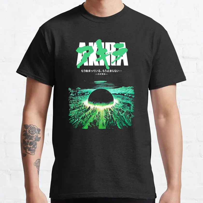 Men T-Shirt Akira Green Japanese City Explosion Casual 100% Cotton Tee Shirt Short Sleeve T Shirts Round Collar Clothing Party