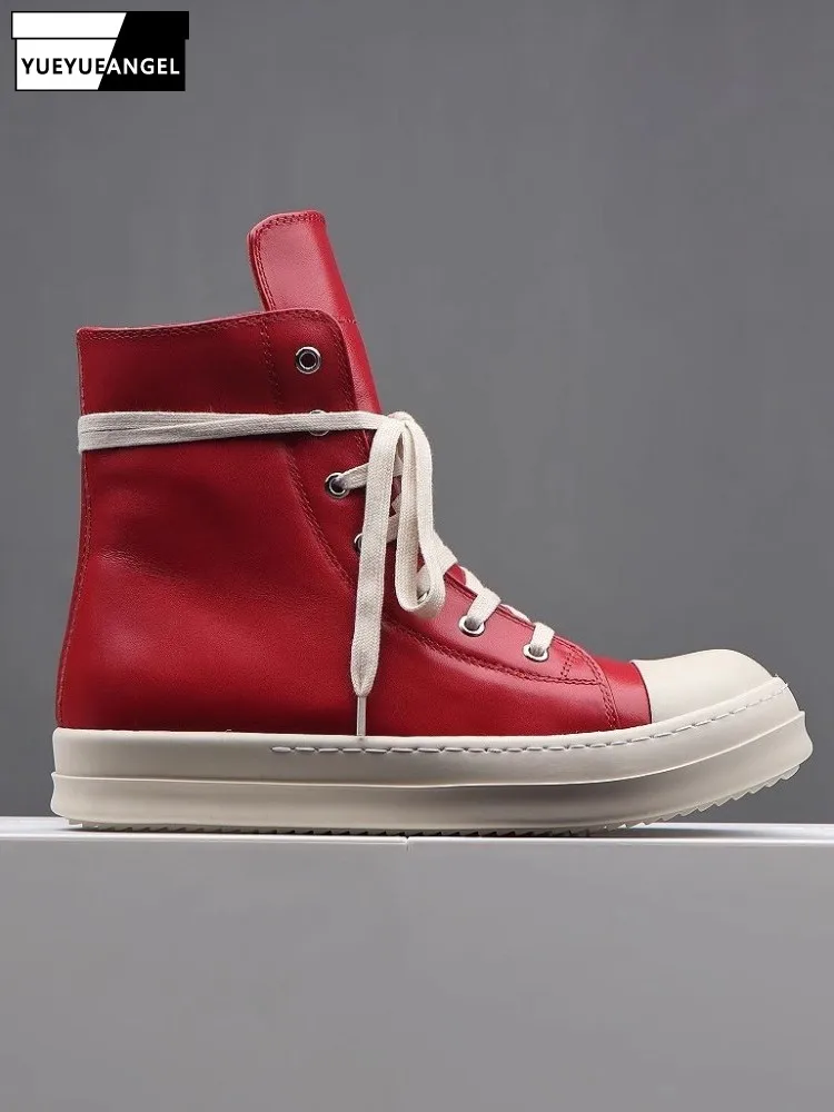 Red High Quality Cowhide Round Toe Zipper Male Hard-Wearing High Top Sneakers Youth Trend Genuine Leather Lace-Up Casual Shoes
