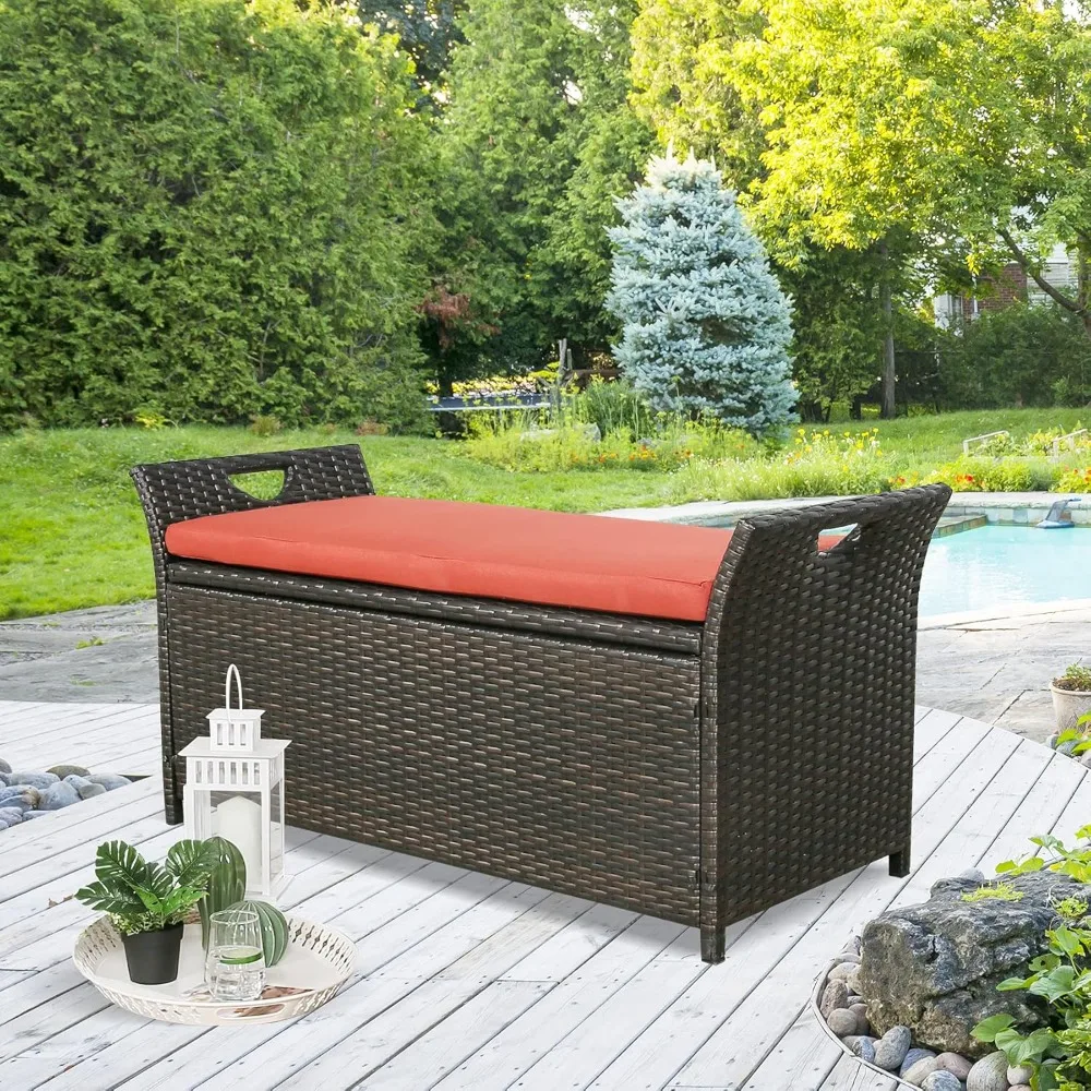 Wicker Storage Bench Outdoor Rattan Deck Storage Box with Cushion (Terracotta)