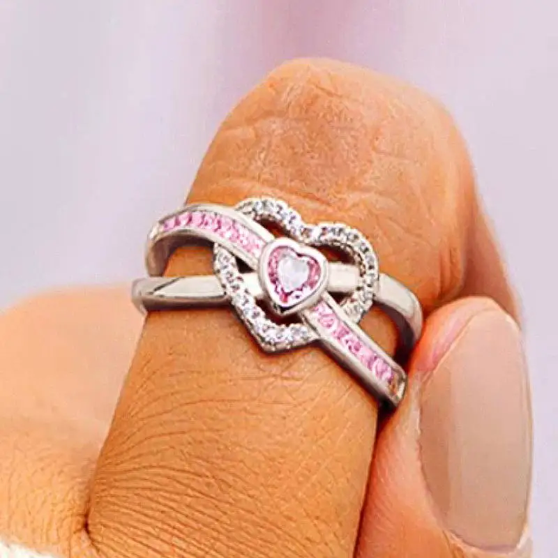 Huitan Süße Damen-Ringe, Herz-Design, eingelegt, glänzend, rosa, Zirkonia, elegant, Hochzeitstag, Accessoires, Geschenk, Schmuck