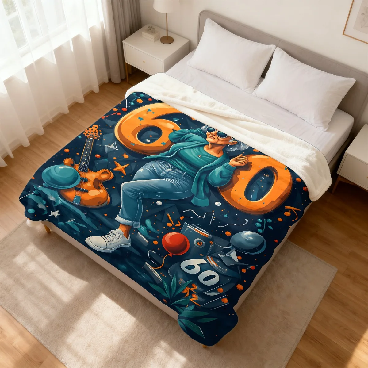 Retro 60th Birthday Blanket Throw Large Print Celebrating Milestone Day Gift 150x200cm Cozy Plush Picnic Blankie