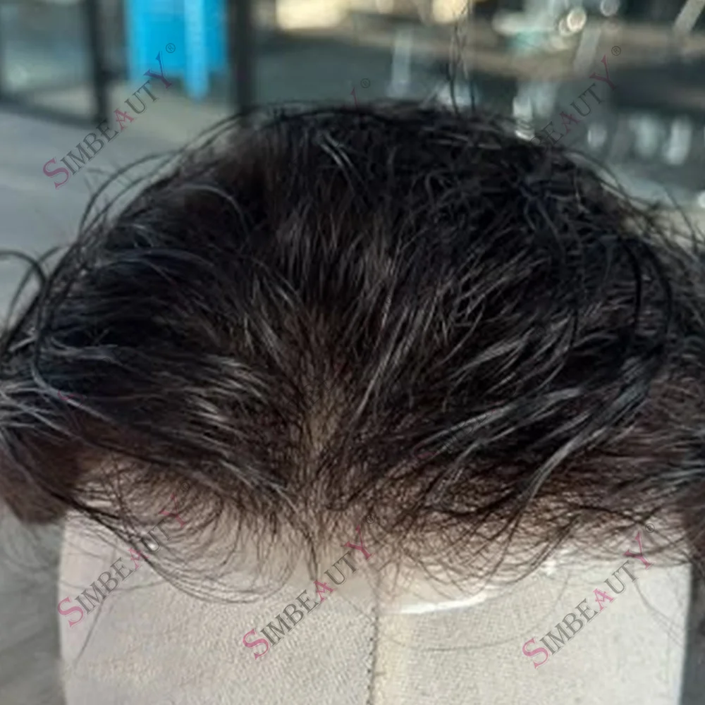 Thinnest PU Skin Toupee for Men European Human Hair Pieces 0.02mm V loop Silicone Hair Replacement System #1B Off Black Prosthes