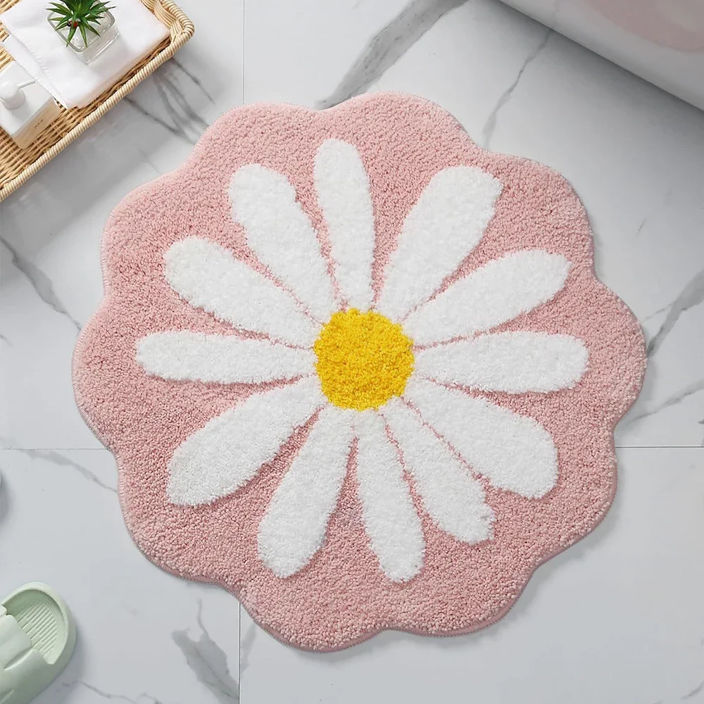 Small Daisy Flocked Floor Mat Absorbent Non-Slip Bath Mat Entrance Door Mat Dirty-Resistant Carpet for