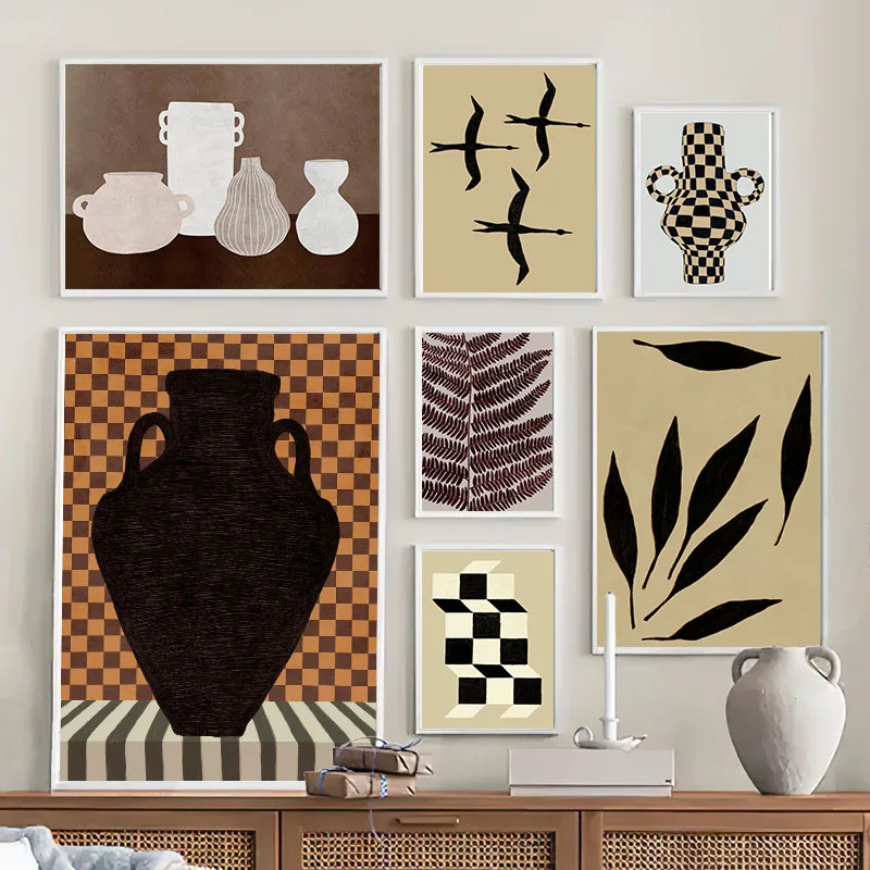 Abstract Minimalism Vase Leaves Lines Grid Wall Art Posters and Prints Nordic Canvas Painting Wall Picture for Living Home Decor