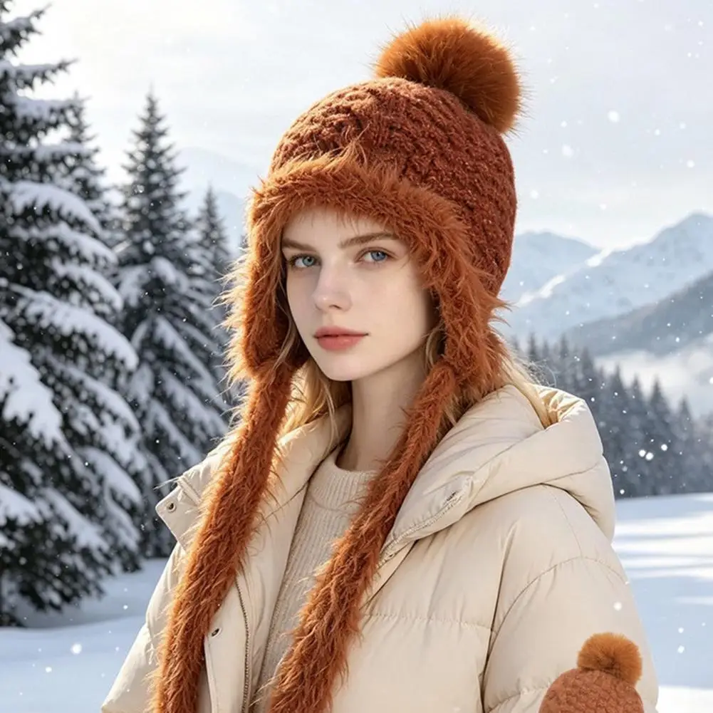 Knitted Hat Women’s Knitted Earflap Hat with Fuzzy Trim Soft Warm Winter Pompom Outdoor Cycling Weather Headwear Warm Ear