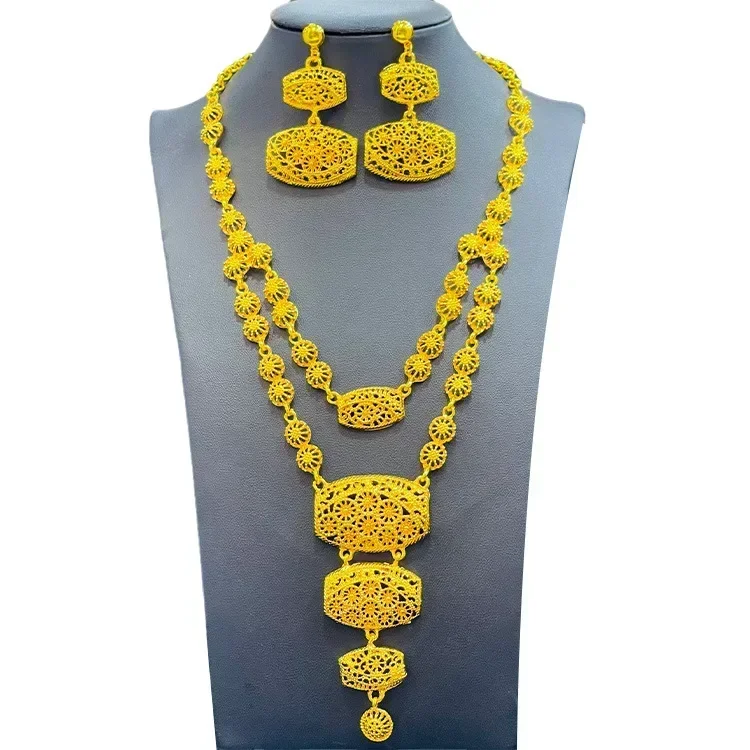 New 24K Alloy Dubai Jewelry Set For Women Necklace Earrings Indian Thailand Bride Wedding Two Piece Set Wholesale Gold Color