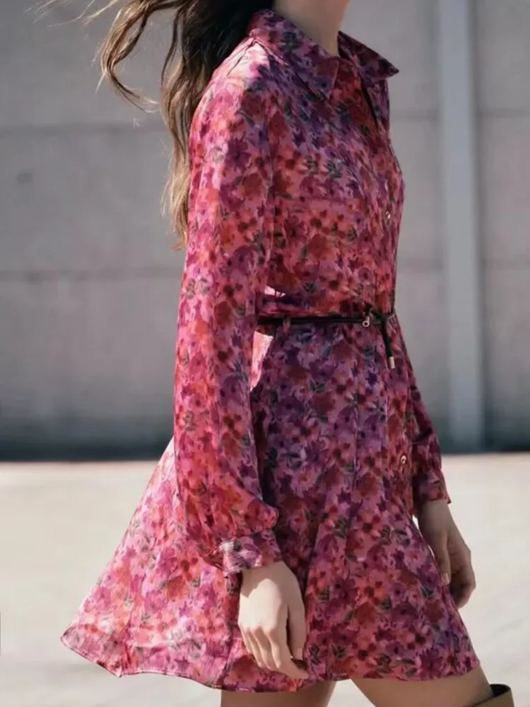 Automne nouveauté femmes longue Sve col rabattu minceur imprimé fleuri Dr Street Sle T-shirt Dr été