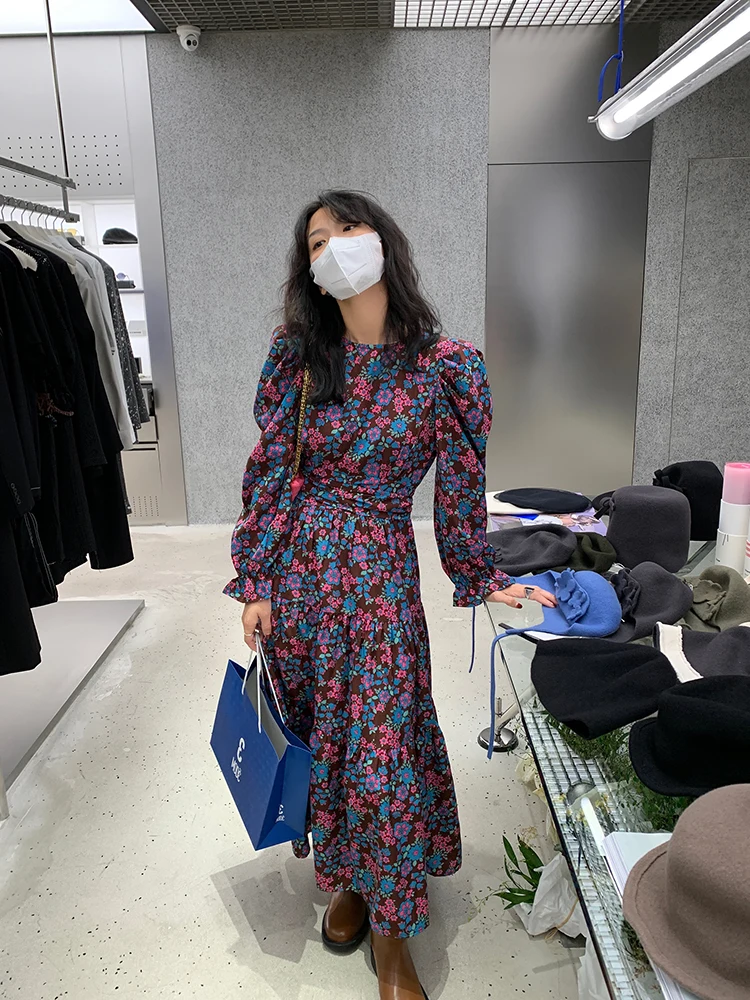 Floral Print Long Sve Dr Bubble Sve Design Waist Cinching Autumn Winter New Arrival Women's Faion Retro round Ne...