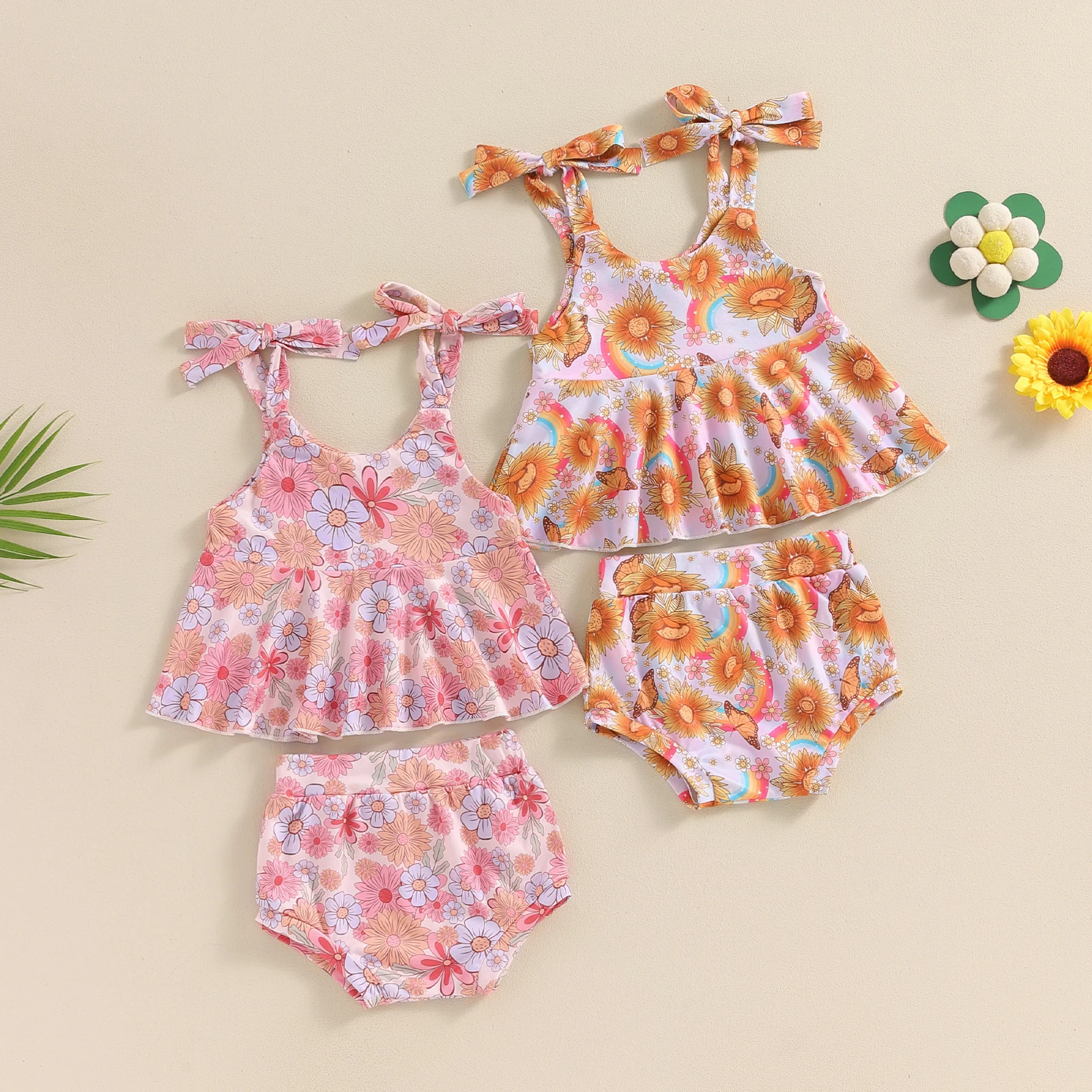 

Baby Girls Summer Outfits Floral Print Bandage Straps Camisole Tops Elastic Shorts Set Fashion Cute Girls Clothes Set