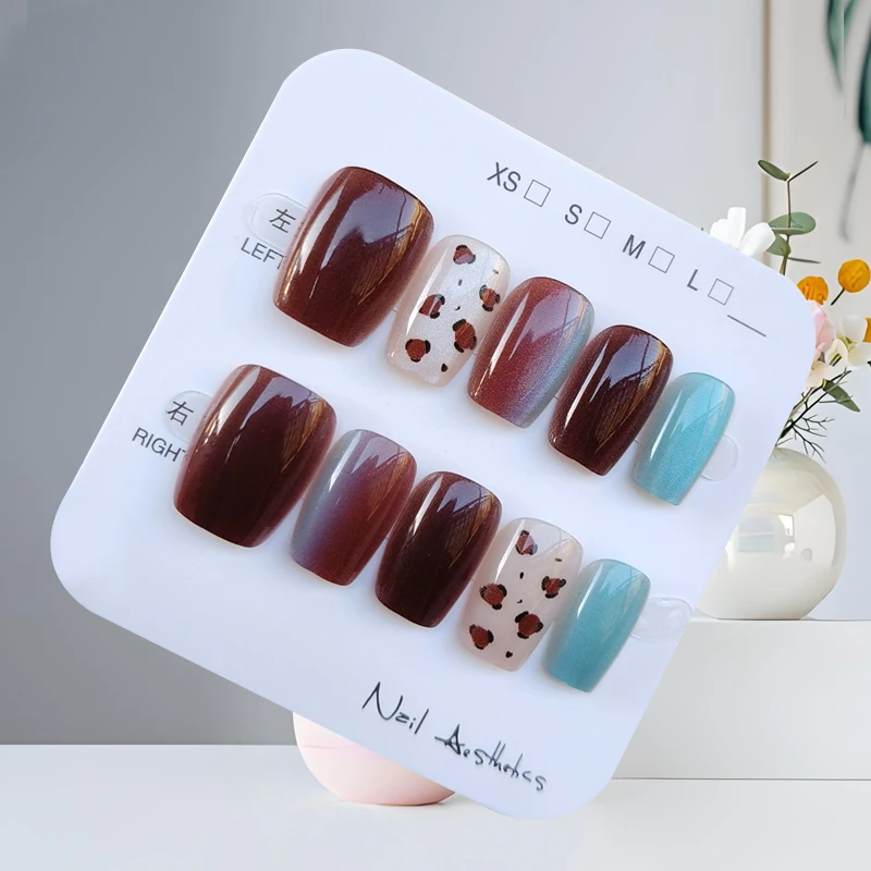 10 قطعة الخريف الشتاء نمط جديد الأزرق البني التباين اللون مسمار ملصقات الأظافر ملصق اضغط على الأظافر مسمار التصحيح مزاجه الأظافر وهمية