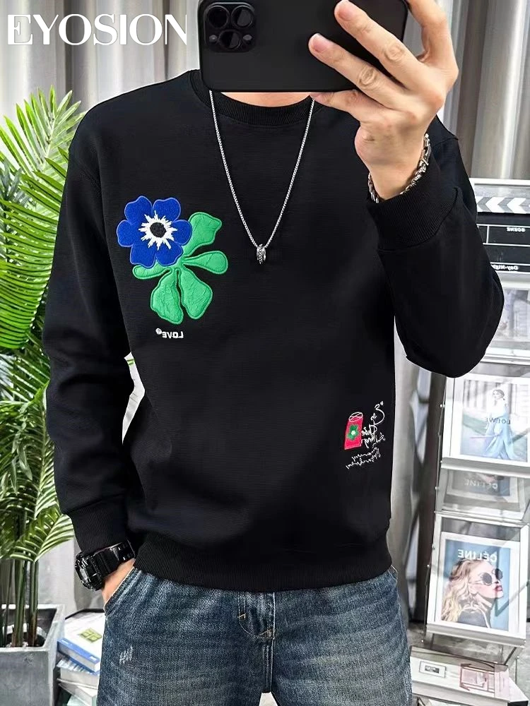 Men's High Quality Pullover Autumn/Winter Brand Round Neck Sweater Embroidered Flower Hoodie Casual Street Wear Plus Size