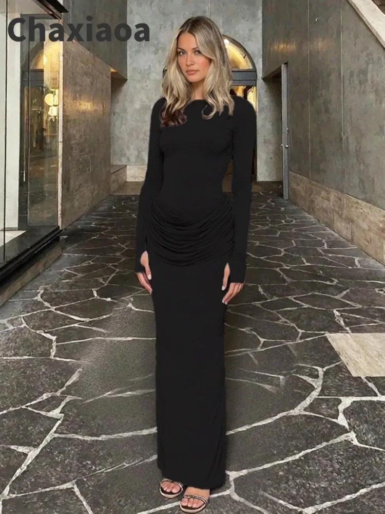 Chaxiaoa Long Sleeve Ruched Sexy Maxi Dresses for Women Gown Autumn Winter O Neck High Waist Bodycon Club Party Evening Dress