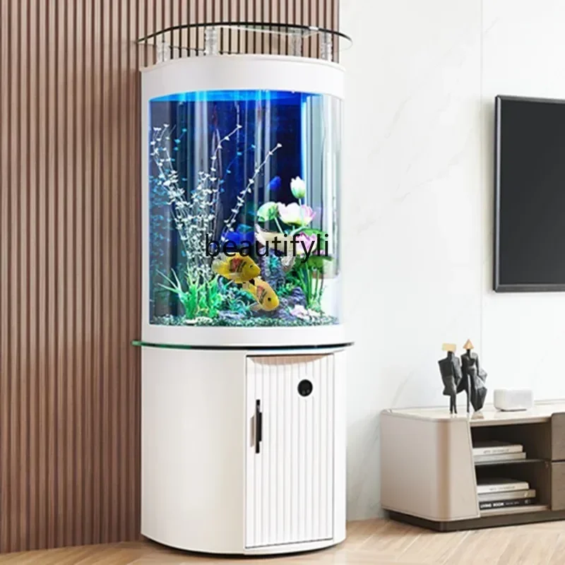 

Bottom filter water-free fish tank living room small ecological aquarium semi-circular household, light luxury goldfish tank53