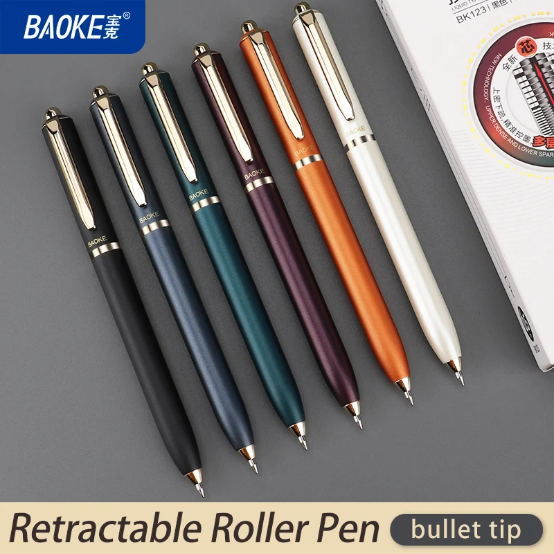 BAOKE BK123 Caneta de rolo líquido retrátil de 0,5 mm Clipe de metal Ponta de bala Tinta preta Seis cores de barril