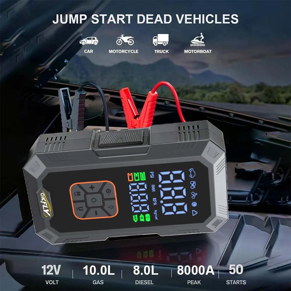 4 IN 1 Car Jump Starter 8000A Peak 150PSI Air Compressor Tire Inflator 59.2Wh Battery Booster For 10L Gas 8L Diesel Power Bank