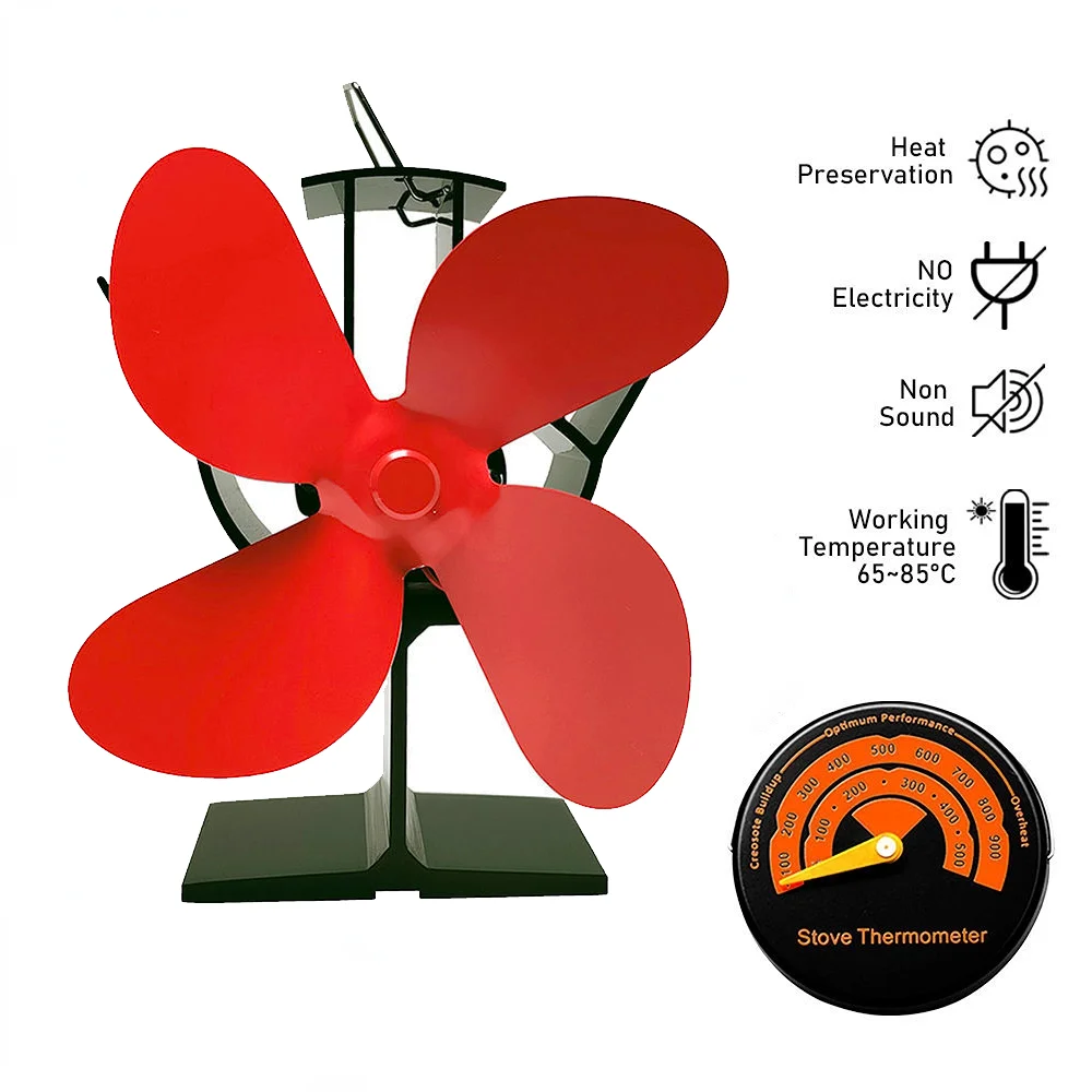 

4 Blade Heat Powered Fireplace Fan Quiet Thermal Fan Outdoor Log Wood Stove Red Heat Resistance Fan Temperature Difference Fan