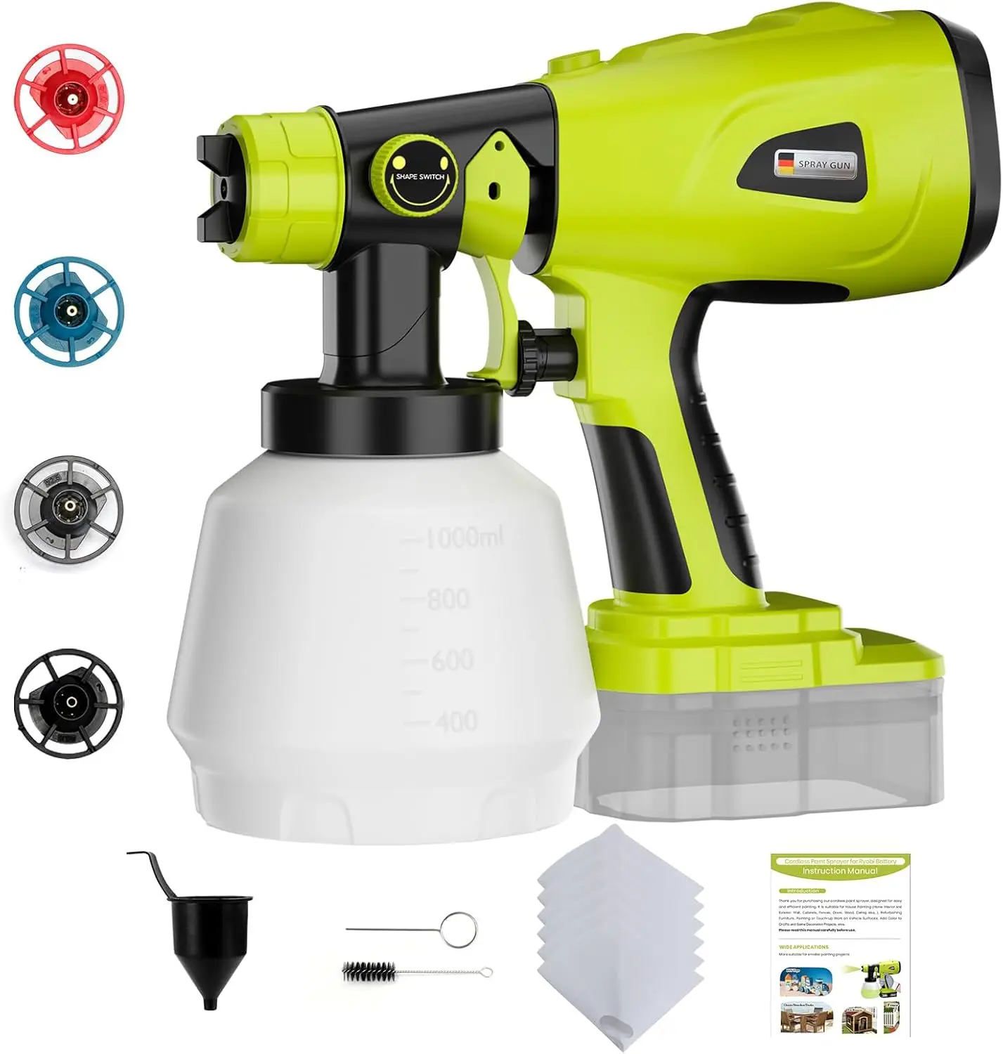 

Cordless Paint Sprayer with 1000ML Container, 4 Nozzles & 3 Patterns for DIY Projects
